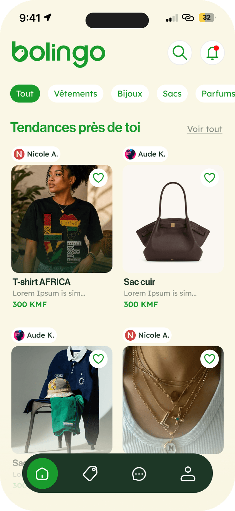 Aperçu de l'application Bolingo sur mobile